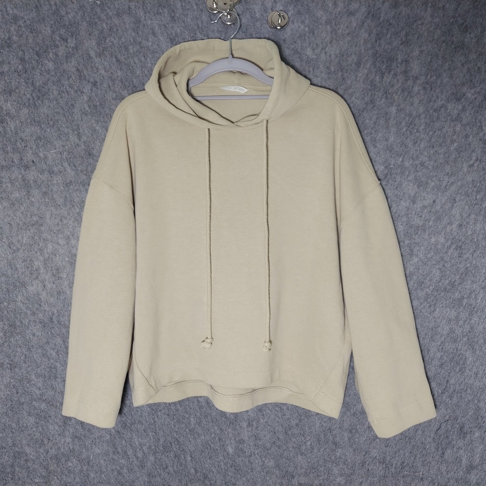 Zara Women Cotton Hoodie S Beige Minimalist Drop Shoulder Long Sleeve Sweatshirt